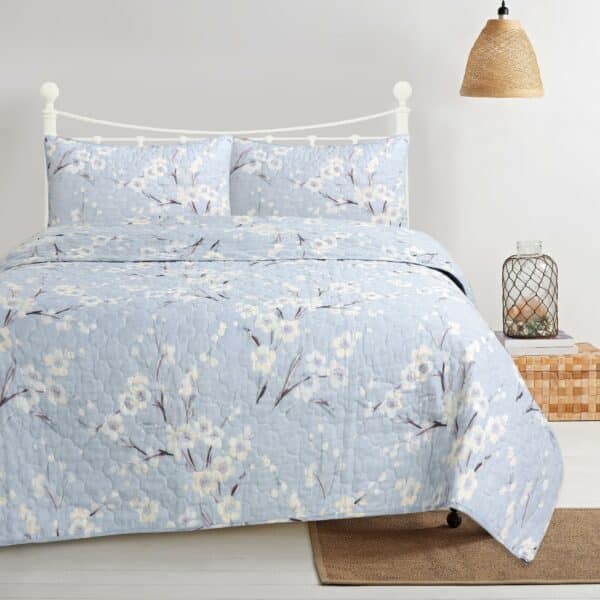 Bouquet Blue غطاء سرير قطن بحشوة مضغوطة HG نفرين 3 قطع